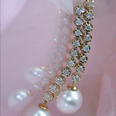 Extra long Southsea Pearl Dangling Earrings with Diamonds