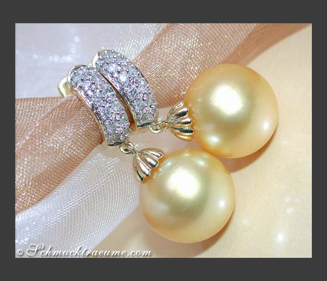 Fine Golden Southsea Pearl Earrings / Hoops with Diamonds Fine Golden Southsea Pearl Earrings / Hoops with Diamonds