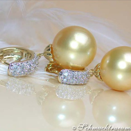 Fine Golden Southsea Pearl Earrings / Hoops with Diamonds