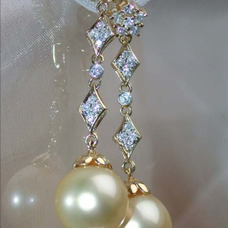 Long Dangling Earrings with Golden Southsea Pearls