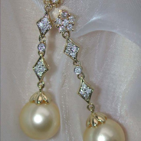 Long Dangling Earrings with Golden Southsea Pearls
