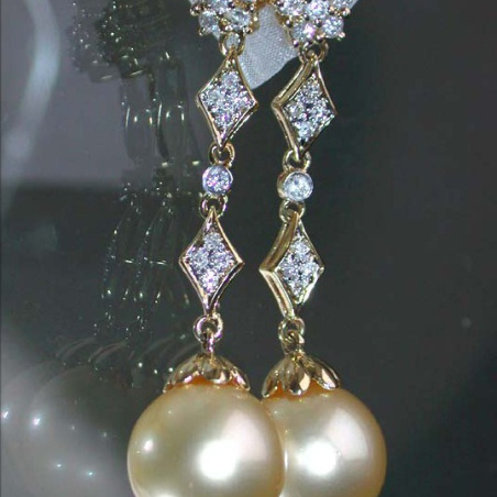 Long Dangling Earrings with Golden Southsea Pearls