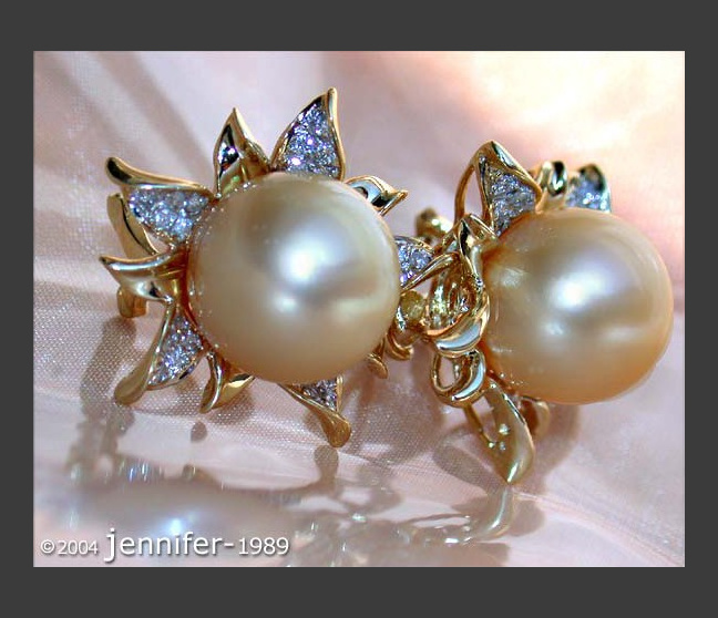Blossom Style Studs with Golden Southsea Pearls & Diamonds