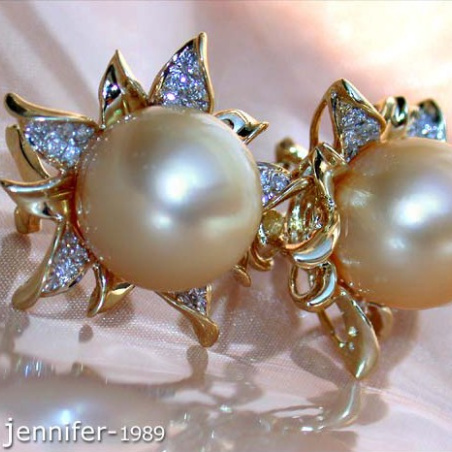 Blossom Style Studs with Golden Southsea Pearls & Diamonds