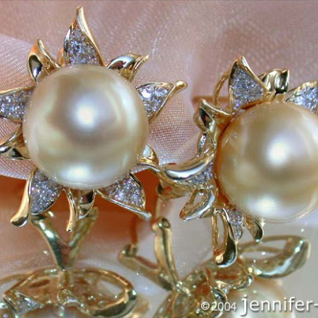 Blossom Style Studs with Golden Southsea Pearls & Diamonds