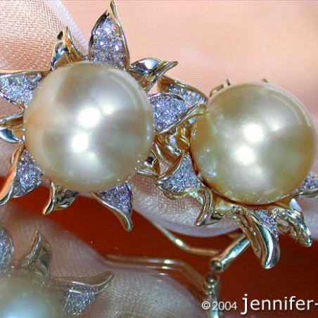 Blossom Style Studs with Golden Southsea Pearls & Diamonds