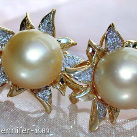 Blossom Style Studs with Golden Southsea Pearls & Diamonds