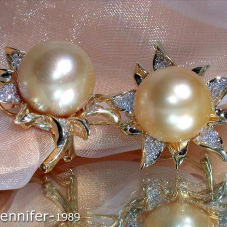 Blossom Style Studs with Golden Southsea Pearls & Diamonds