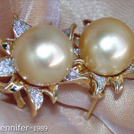 Blossom Style Studs with Golden Southsea Pearls & Diamonds