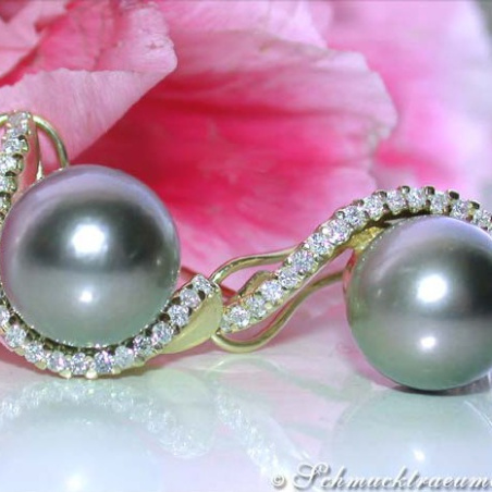 Beautiful Tahitian Pearl Earrings with Diamonds in Yellow Gold