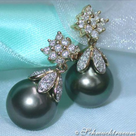 Pretty Tahitian Pearl Earrings with Diamond Squares