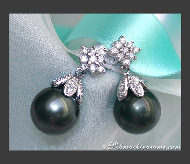 Tahitian Pearl Earrings with Diamond Squares Tahitian Pearl Earrings with Diamond Squares