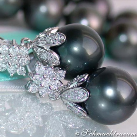 Tahitian Pearl Earrings with Diamond Squares