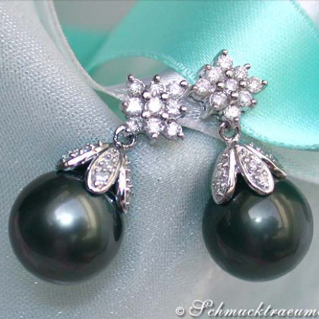 Tahitian Pearl Earrings with Diamond Squares