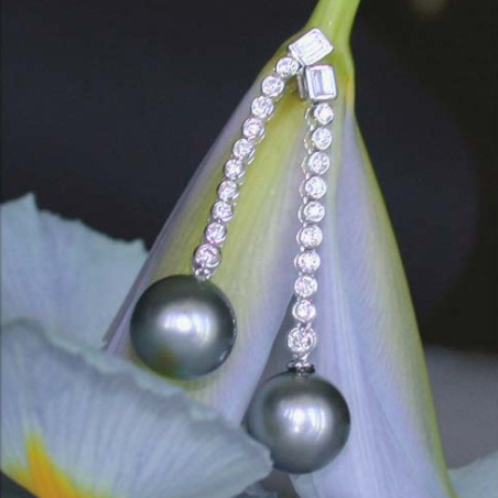 Glorious Dangling Earrings with Tahitian Pearls & Diamonds