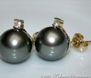 Beautiful Tahitian Pearl Studs with Diamonds in Yellow Gold 14k
