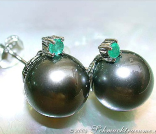 Attractive Tahitian Pearl Studs with Emeralds