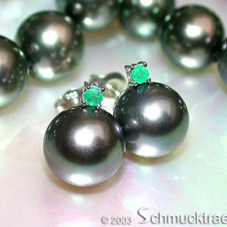Attractive Tahitian Pearl Studs with Emeralds