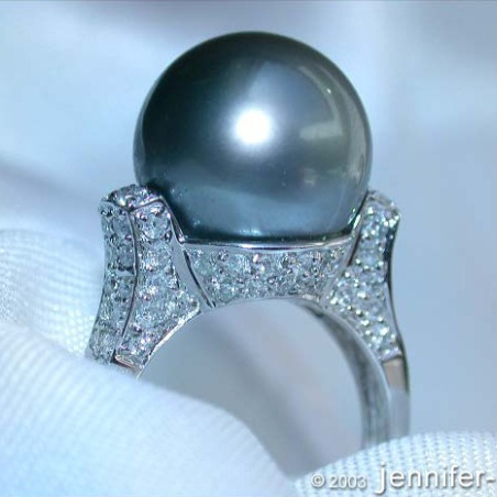 Superb Tahitian Pearl Ring with Diamond Collar