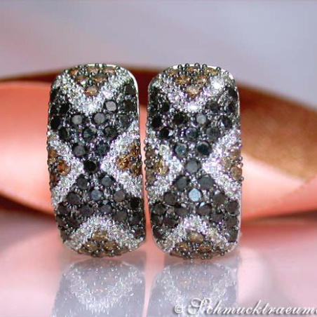 Earrings with black diamonds, white & natural brown diamonds