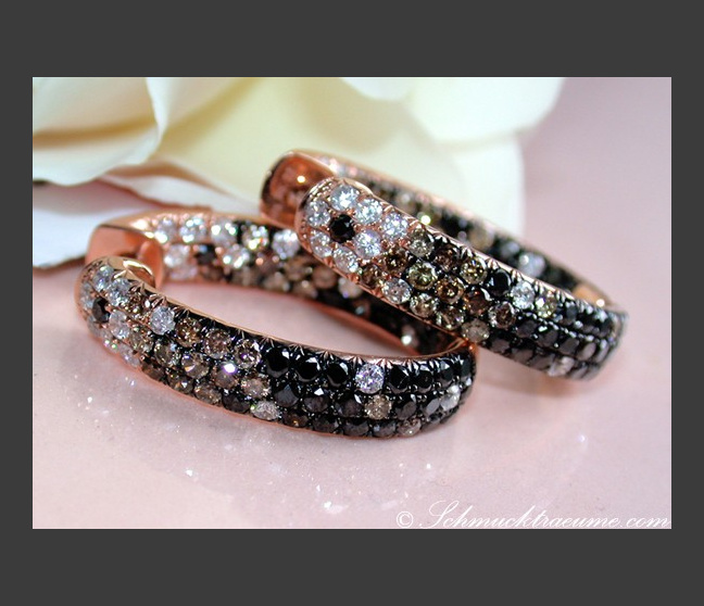 Stately Hoop Earrings with Black, Brown & White Diamonds Stately Hoop Earrings with Black, Brown & White Diamonds