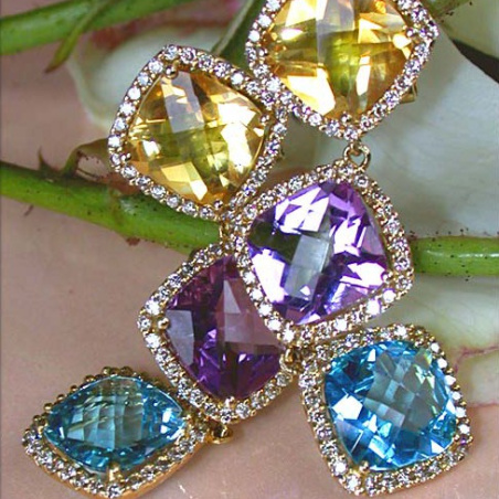 Stunning Multicolor Gemstone Dangling Earrings with Diamonds