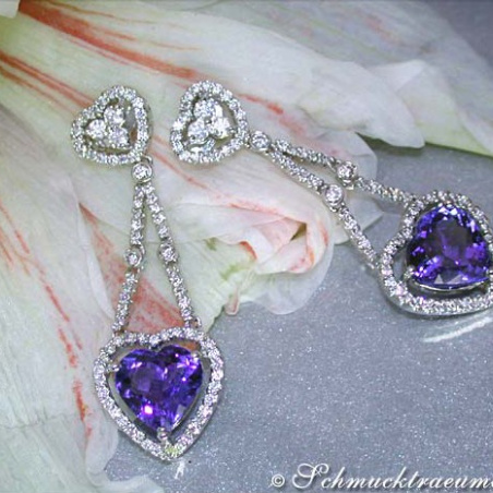 Excellent Tanzanite Heart Earrings with Diamonds