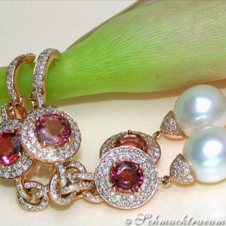 Impressive Dangling Earrings with Southsea Pearls, Tourmalines & Diamonds