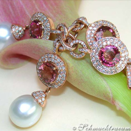 Impressive Dangling Earrings with Southsea Pearls, Tourmalines & Diamonds