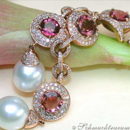 Impressive Dangling Earrings with Southsea Pearls, Tourmalines & Diamonds