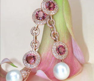 Impressive Dangling Earrings with Southsea Pearls, Tourmalines & Diamonds