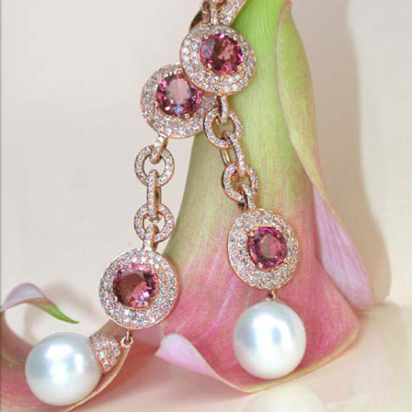 Impressive Dangling Earrings with Southsea Pearls, Tourmalines & Diamonds