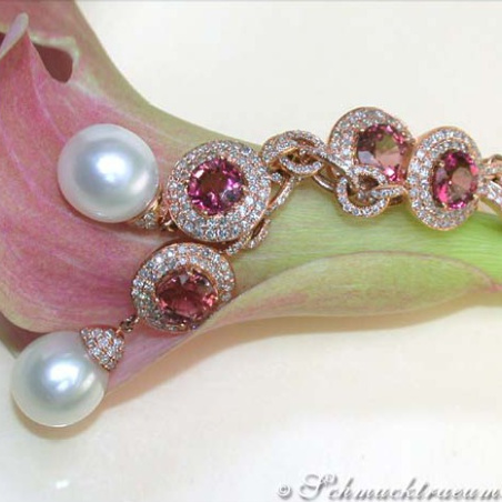 Impressive Dangling Earrings with Southsea Pearls, Tourmalines & Diamonds