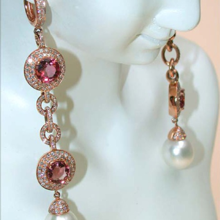 Impressive Dangling Earrings with Southsea Pearls, Tourmalines & Diamonds