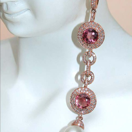 Impressive Dangling Earrings with Southsea Pearls, Tourmalines & Diamonds