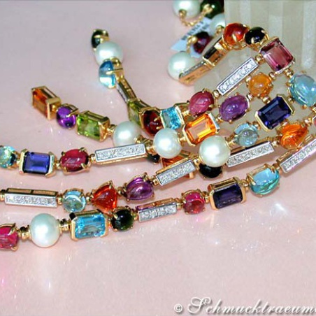 Tremendous Multicolor Gemstone Necklace with Diamonds & Pearls