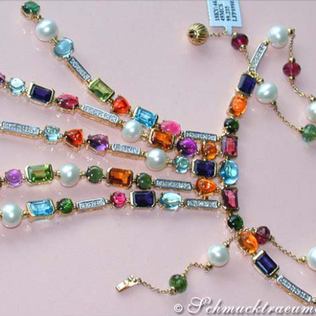 Tremendous Multicolor Gemstone Necklace with Diamonds & Pearls