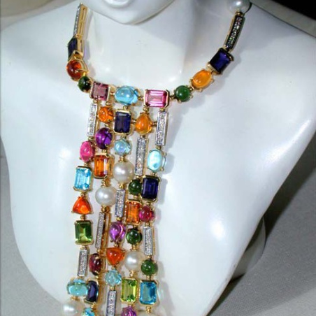 Tremendous Multicolor Gemstone Necklace with Diamonds & Pearls