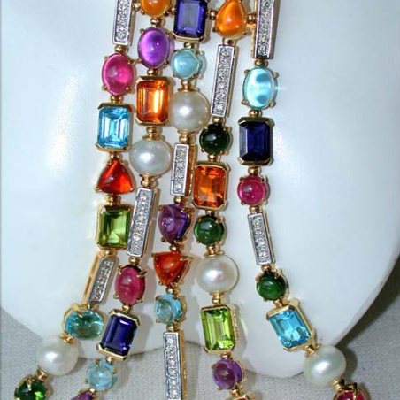 Tremendous Multicolor Gemstone Necklace with Diamonds & Pearls