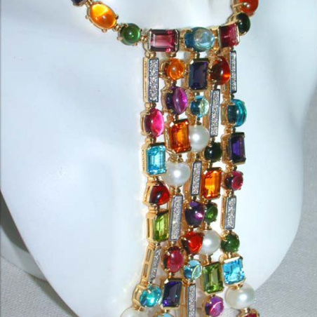 Tremendous Multicolor Gemstone Necklace with Diamonds & Pearls