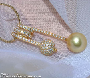 Unusual Golden Southsea Pearl Pendant with Diamond Pave Ball