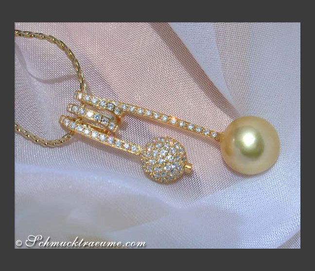 Unusual Golden Southsea Pearl Pendant with Diamond Pave Ball Unusual Golden Southsea Pearl Pendant with Diamond Pave Ball