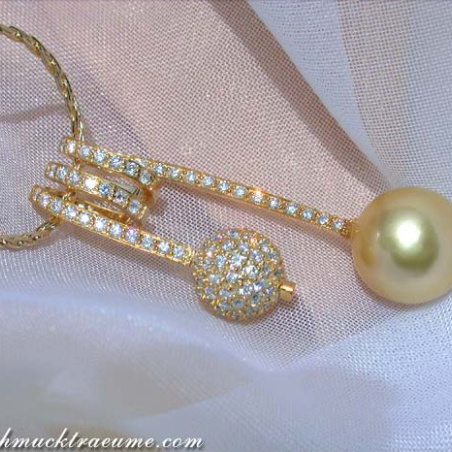Unusual Golden Southsea Pearl Pendant with Diamond Pave Ball