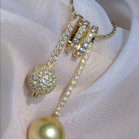 Unusual Golden Southsea Pearl Pendant with Diamond Pave Ball