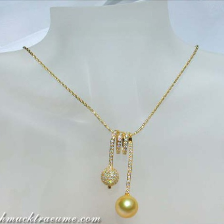 Unusual Golden Southsea Pearl Pendant with Diamond Pave Ball