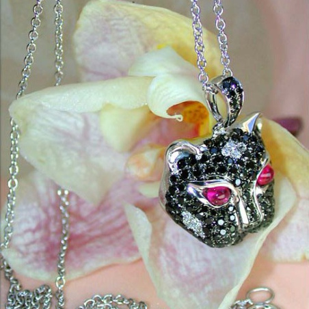 Unique Panther Head Pendant with Black Diamonds