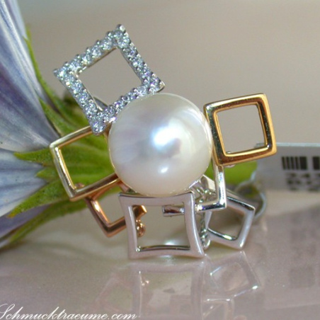 Tricolor Cultured Pearl Diamond Ring