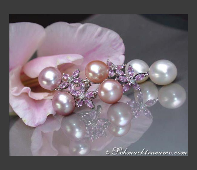 Magnificent Pastel Freshwater Pearl Earrings with Sapphires Magnificent Pastel Freshwater Pearl Earrings with Sapphires