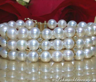 Gorgeous Three Row Freshwater Pearl Bracelet with Diamonds in Yellow Gold