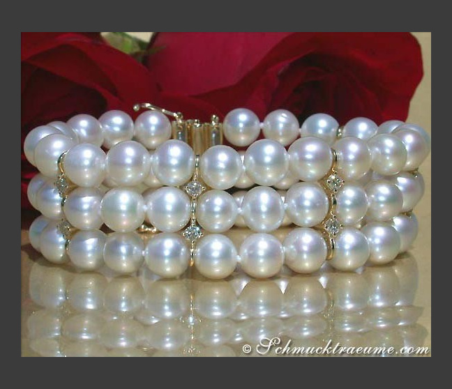 Gorgeous Three Row Freshwater Pearl Bracelet with Diamonds in Yellow Gold Gorgeous Three Row Freshwater Pearl Bracelet with Diamonds in Yellow Gold